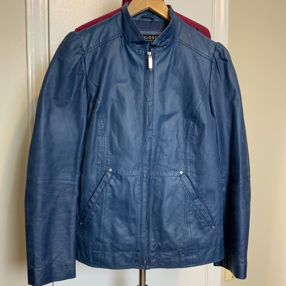 EUC Dialogue 100% Leather Blue Zip-Up Blazer Womes XS
